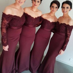 Elegant Burgundy Bridesmaid Dress - Mermaid Off Shoulder Sweep Train Long Sleeves Beaded