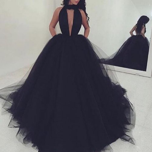 Sexy Black Long Prom Dress - A-Line Deep V-Neck Sleeveless Backless Ruched
