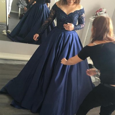Stylish Dark Blue Prom Dress - Off Shoulder Sweep Train Long Sleeves with Beading