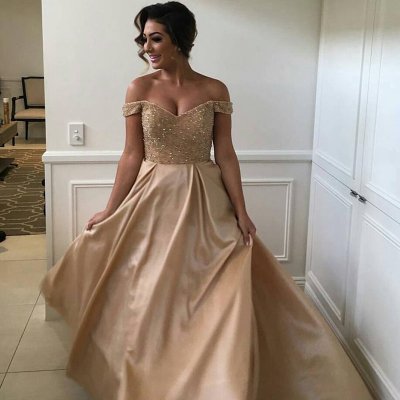 Stunning Champagne Prom Dress - Off Shoulder Sweep Train with Beading