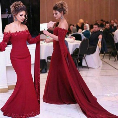 Special Red Mermaid Prom Dress - Off Shoulder Sweep Train with Appliques Beading