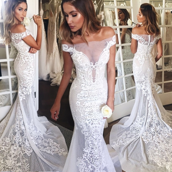 Elegant Mermaid Lace Wedding Dress - Off Shoulder Short Sleeves Court Train - Click Image to Close