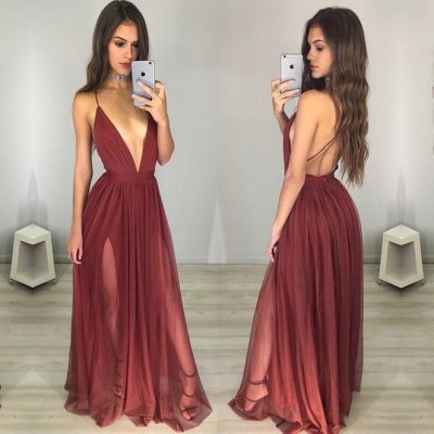 Sexy Maroon Prom Dress - Deep V-neck Long Ruched Backless