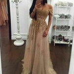Modern Pearl Pink Prom Dress - Off Shoulder Short Sleeves Beaded Appliques with Sash