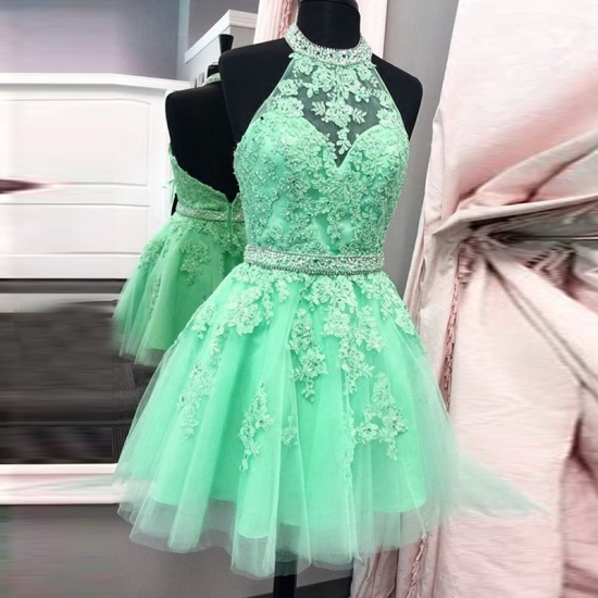 Mint Green Short Backless Prom Homecoming Dress - Halter with Appliques Beading - Click Image to Close