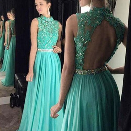 A-line Turquoise High Neck Open Back Long Prom Dress with Beading Appliques