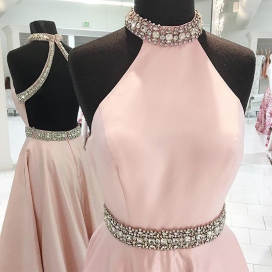 Pearl Pink Open Back High Neck Floor-Length Prom Dress with Beading - Click Image to Close