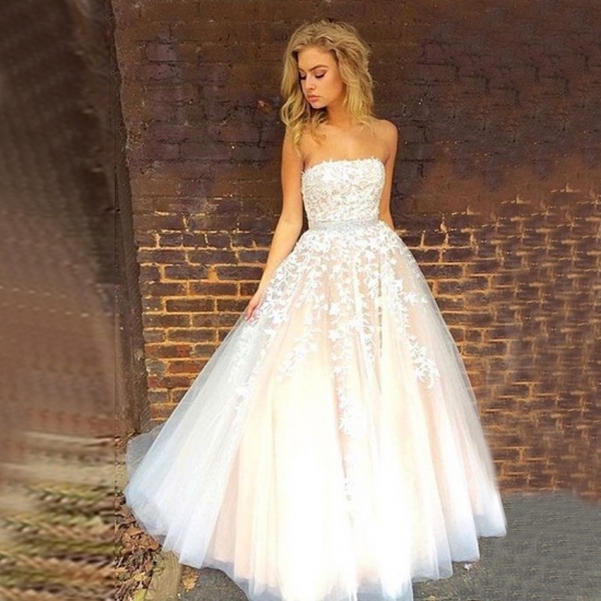 A-line Strapless Floor-Length Appliques Wedding Prom Dress with Beading Waist - Click Image to Close