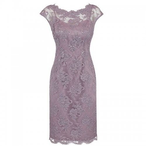 Sheath Bateau Cap Sleeves Knee-Length Grey Lace Mother of The Bride Dress with Beading