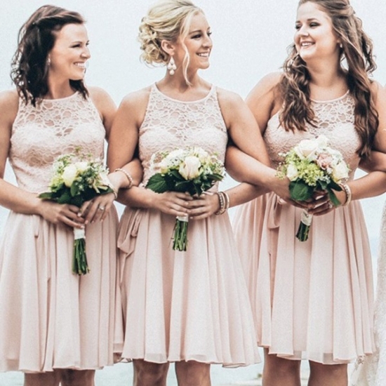 Short Bridesmaid Dress - Pearl Pink A-line Jewel with Sash Lace - Click Image to Close