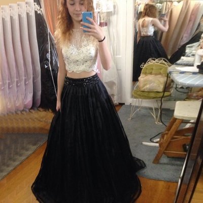 Two Piece Black Prom Dress - Open Back Jewel Long with Lace Beading