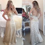 Sheath Prom Dress - Lace Illusion Back Floor-Length with Pearls