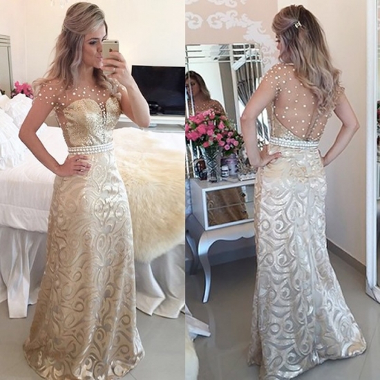 Sheath Prom Dress - Lace Illusion Back Floor-Length with Pearls - Click Image to Close