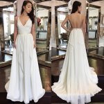 A-Line V-neck Backless Sweep Train White Chiffon Prom Dress with Ruffles