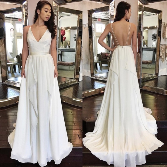A-Line V-neck Backless Sweep Train White Chiffon Prom Dress with Ruffles - Click Image to Close