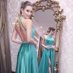 A-Line High Neck Backless Long Turquoise Satin Prom Dress with Beading Split