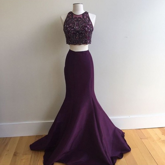 Two Piece Mermaid Jewel Grape Satin Prom Dress with Beading Open Back - Click Image to Close