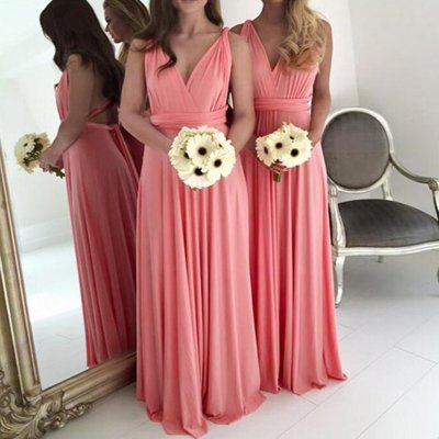 A-Line Deep V-Neck Backless Coral Chiffon Bridesmaid Dress