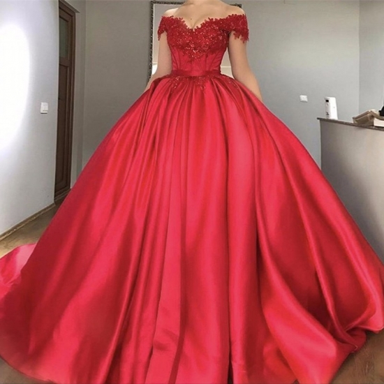 Ball Gown Off-the-Shoulder Red Beaded Satin Prom Dress with Pleats Appliques - Click Image to Close