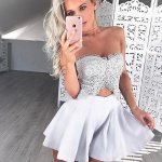 A-Line Sweetheart Sleeveless Short Ivory Satin Homecoming Dress with Lace