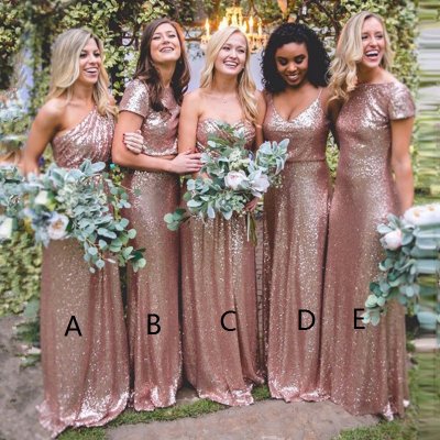 A-Line One Shoulder Floor-Length Rose Gold Sequined Bridesmaid Dress