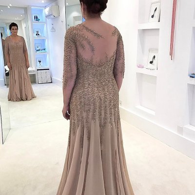 Sheath Illusion Champagne Chiffon Mother of the Bride Dress with Beading Sleeves