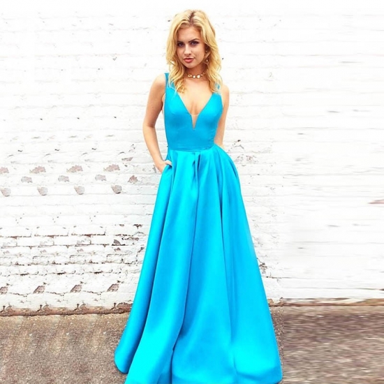 A-Line V-Neck Floor-Length Pleated Blue Satin Prom Dress with Pockets - Click Image to Close