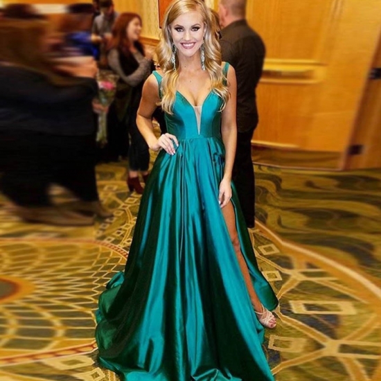 A-Line V-Neck Long Turquoise Satin Prom Dress with Split - Click Image to Close