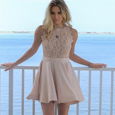 A-Line Round Neck Short Blush Satin Homecoming Dress with Lace