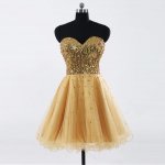 A-Line Sweetheart Short Light Gold Tulle Homecoming Dress with Sequins