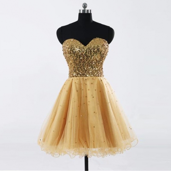 A-Line Sweetheart Short Light Gold Tulle Homecoming Dress with Sequins - Click Image to Close