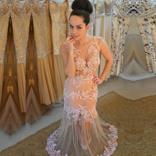 Sheath Jewel Sweep Train Illusion Back Pearl Pink Prom Dress with Appliques