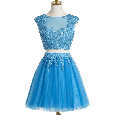 Two Piece Bateau Cap Sleeves Short Blue Tulle Homecoming Dress with Appliques