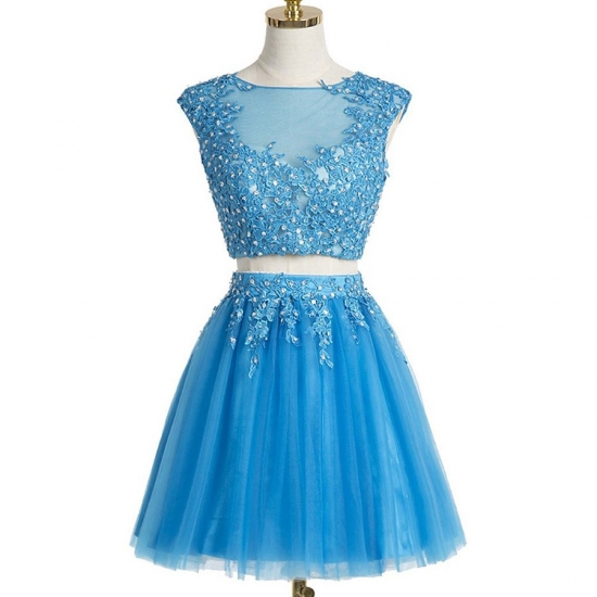 Two Piece Bateau Cap Sleeves Short Blue Tulle Homecoming Dress with Appliques - Click Image to Close