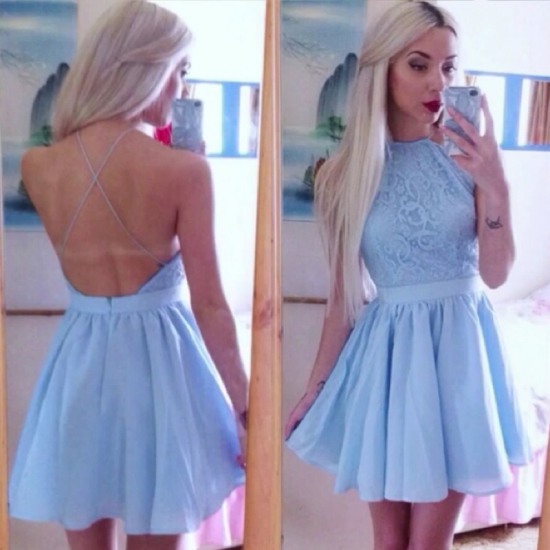 A-Line Jewel Backless Short Blue Chiffon Homecoming Dress with Lace - Click Image to Close