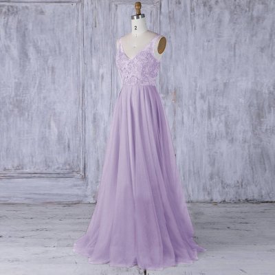 A-Line V-Neck Lavender Tulle Bridesmaid Dress with Embroidery Sequins