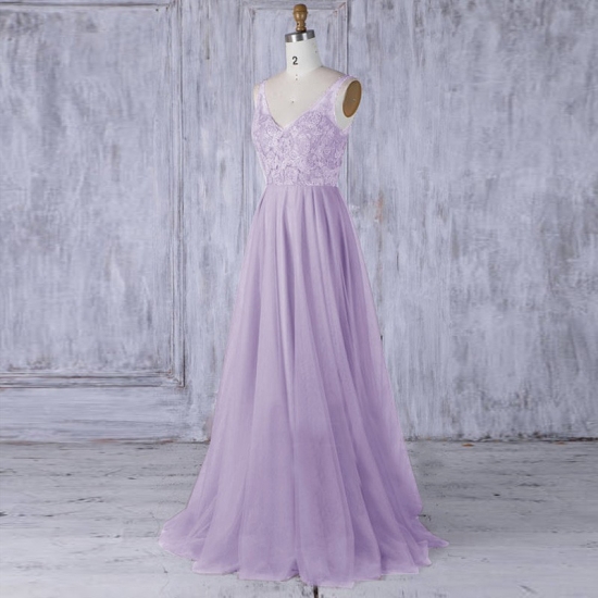 A-Line V-Neck Lavender Tulle Bridesmaid Dress with Embroidery Sequins - Click Image to Close