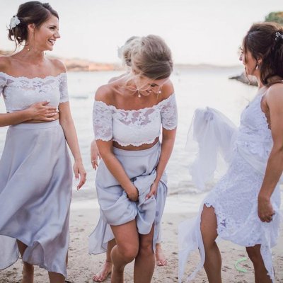 Two Piece Off-the-Shoulder Short Light Grey Chiffon Bridesmaid Dress with Lace