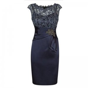 Sheath Bateau Cap Sleeves Navy Blue Mother of The Bride Dress with Lace Appliques