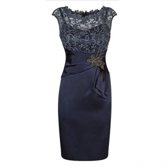 Sheath Bateau Cap Sleeves Navy Blue Mother of The Bride Dress with Lace Appliques - Click Image to Close
