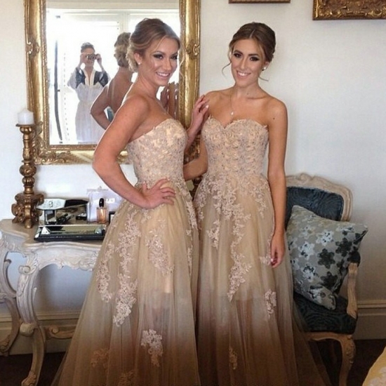 A-Line Sweetheart Champagne Tulle Bridesmaid Dress with Appliques - Click Image to Close