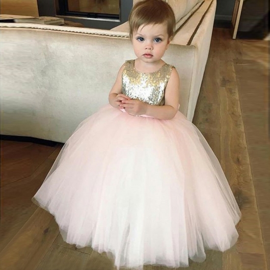 Ball Gown Bateau Pink Tulle Flower Girl Dress with Bowknot Sequins - Click Image to Close