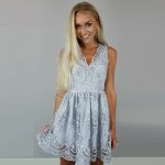 A-Line V-Neck Short Light Grey Tulle Appliques Homecoming Dress