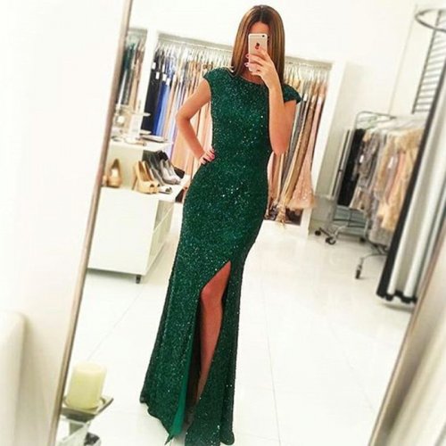 Sheath Bateau Open Back Dark Green Sequined Prom Dress with Split