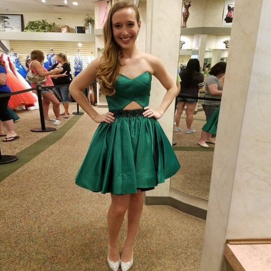 A-Line Sweetheart Short Dark Green Beaded Satin Homecoming Dress Cut Out - Click Image to Close
