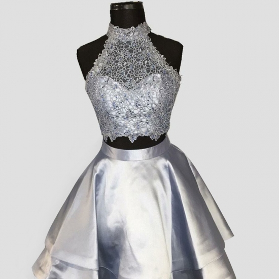 Two Piece High Neck Open Back Silver Satin Homecoming Dress with Lace - Click Image to Close