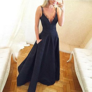 A-Line V-Neck Navy Blue Satin Prom Dress with Lace Pockets