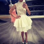 A-Line High Neck Short Ivory Tiered Satin Homecoming Dress with Lace