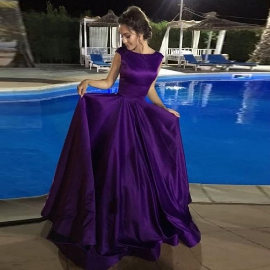 A-Line Bateau Backless Floor-Length Purple Satin Prom Dress with Pleats - Click Image to Close
