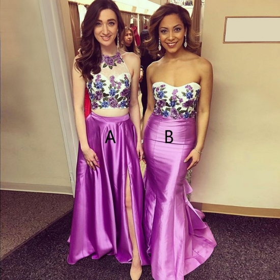 Two Piece Round Neck Sweep Train Purple Prom Dress with Appliques - Click Image to Close